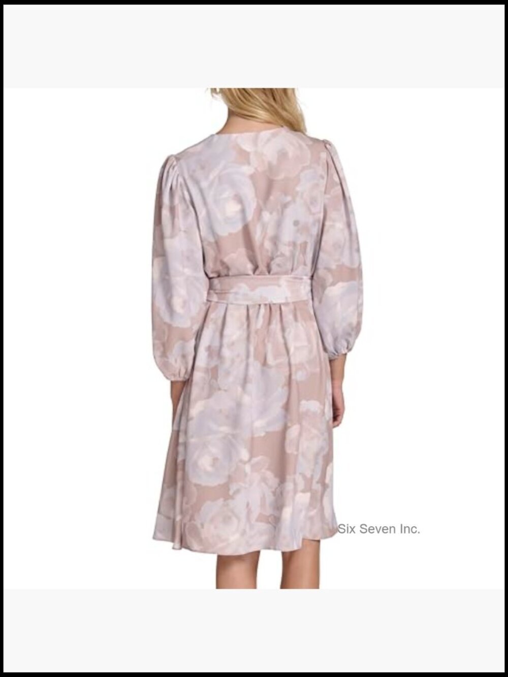 3/4 Balloon Sleeve V-Neck Knee Length Faux Wrap Dress - Picture 4 of 6